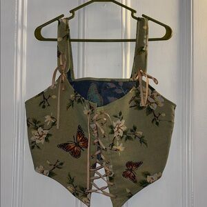 Floral Lace-Up Corset Top - Green